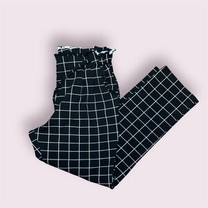 Soho Apparel Grid Print Paperbag Waist Pants Black White L
